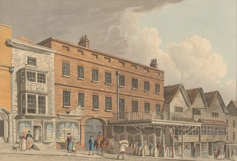An inn on a market square, in an early 19th-century print of Guildford's Old Corn Market and Tuns Inn