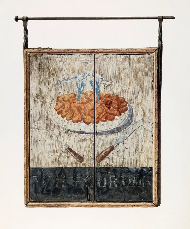 A painted tavern sign hanging from an iron bracket