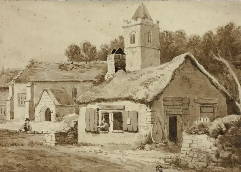 A village church and cottage, drawn by Samuel Prout in the early 19th century